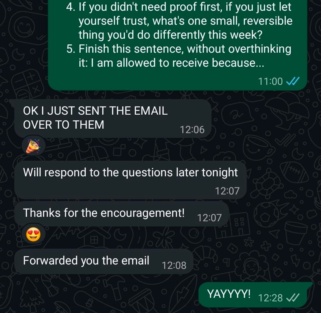 WhatsApp exchange showing a client responding to reflection questions and taking action