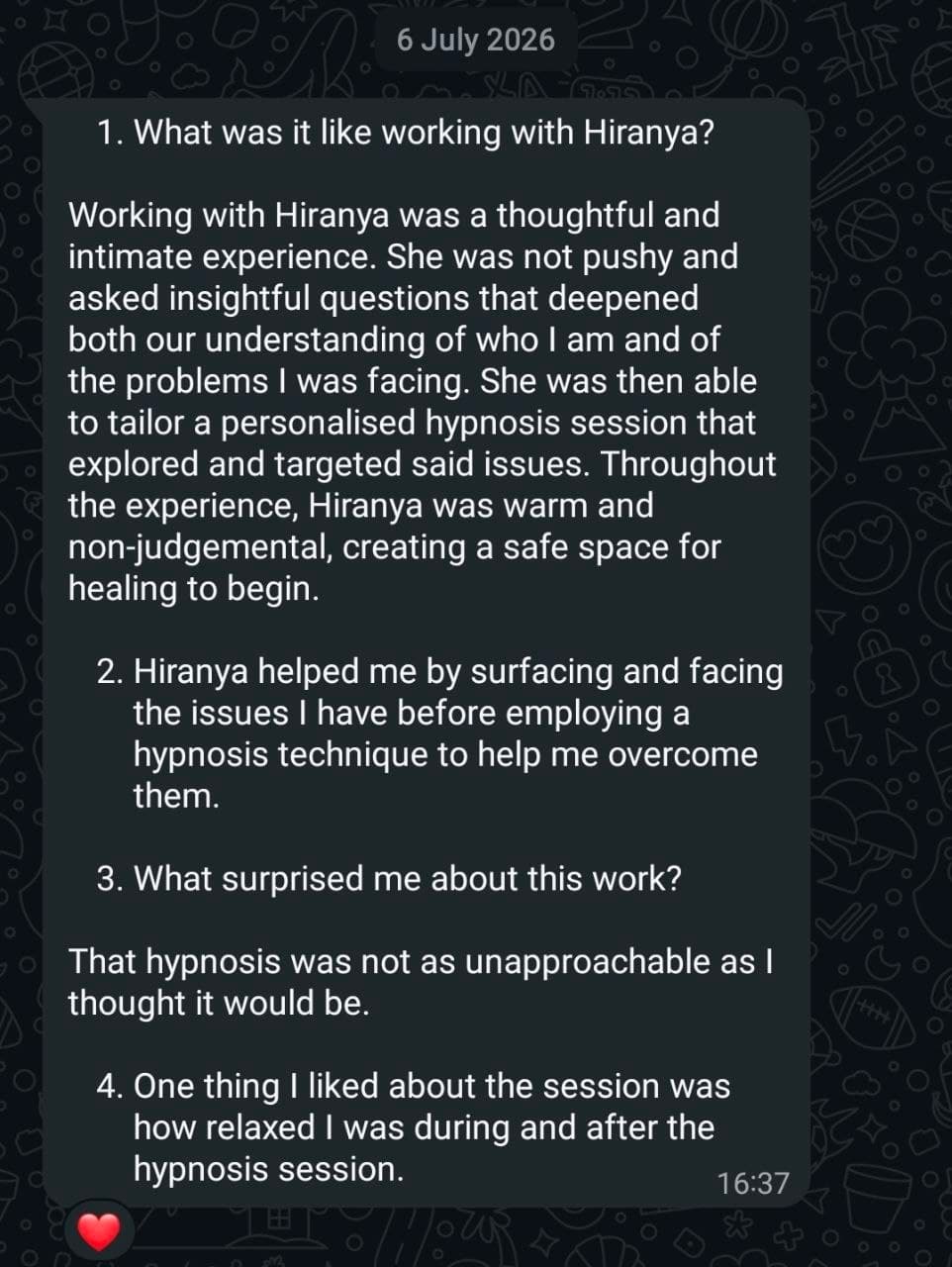 Client testimonial dated 6 July 2026 describing the experience of working with Hiranya as thoughtful, warm, and non-judgemental